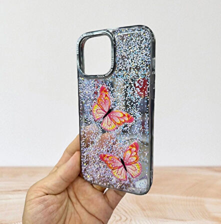 Apple iPhone 13 Pro Max Uyumlu Taşlı Simli Kelebekli Kılıf