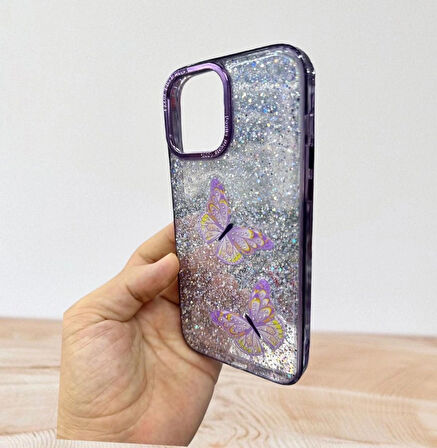 Apple iPhone 14 Uyumlu Taşlı Simli Kelebekli Kılıf