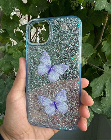 Apple iPhone 14 Plus Uyumlu Taşlı Simli Kelebekli Kılıf