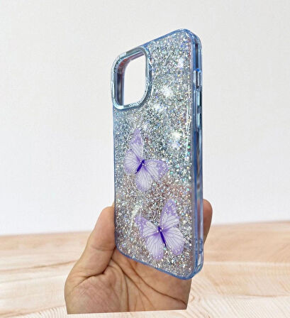Apple iPhone 14 Plus Uyumlu Taşlı Simli Kelebekli Kılıf