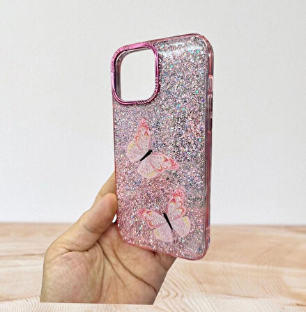 Apple iPhone 15 Plus Uyumlu Taşlı Simli Kelebekli Kılıf
