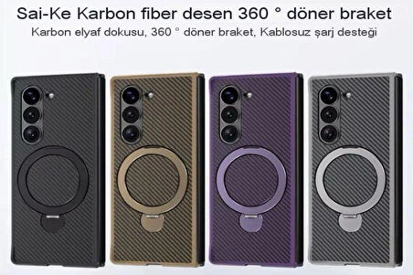 Samsung Galaxy Z Fold 5 Uyumlu Standlı Karbon Fiber Kılıf