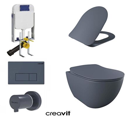 Creavit GR5001- FE320 5 Parça Basalt Mat Asma Klozet Gömme Rezervuar Seti 