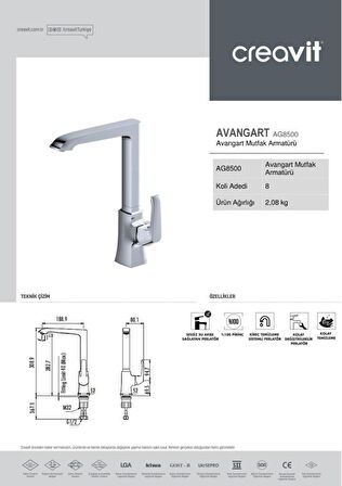 Creavit Avangart Lüx AG8500 Gümüş Banyo Bataryası