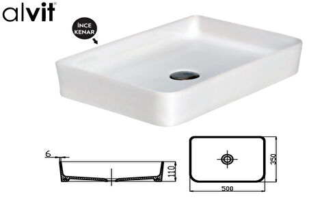 ALVİT Smart Slim Tezgah Üstü Setüstü Lavabo 35*50 Cm