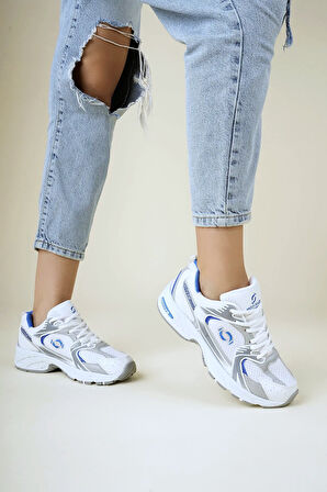 ULTRAONE Bağcıklı Ortopedik Unisex Kadın Spor Yürüyüş Ayakkabı - Beyaz Mavi