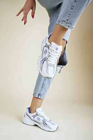 ULTRAONE Bağcıklı Ortopedik Unisex Kadın Spor Yürüyüş Ayakkabı - Beyaz Mavi