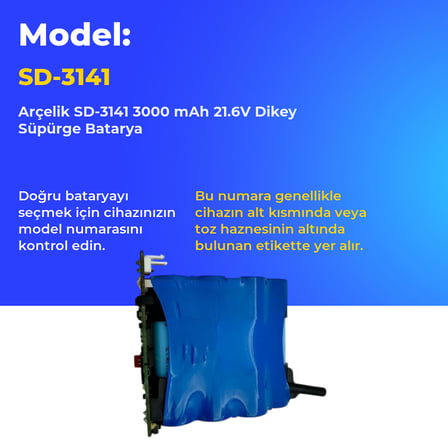 Arçelik SD-3141 3000 mAh 21.6V Dikey Süpürge Batarya