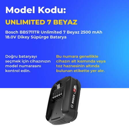 Bosch BBS711TR Unlimited 7 Beyaz 2500 mAh 18.0V Dikey Süpürge Batarya