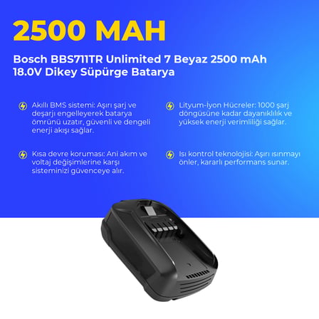 Bosch BBS711TR Unlimited 7 Beyaz 2500 mAh 18.0V Dikey Süpürge Batarya