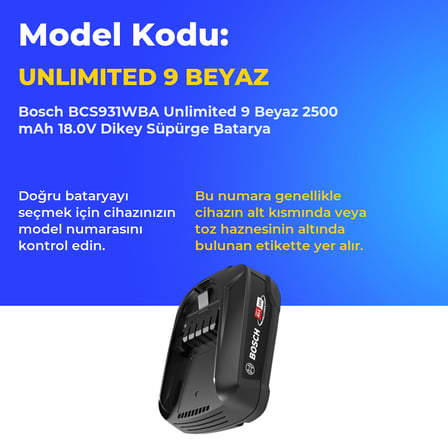 Bosch BCS931WBA Unlimited 9 Beyaz 2500 mAh 18.0V Dikey Süpürge Batarya