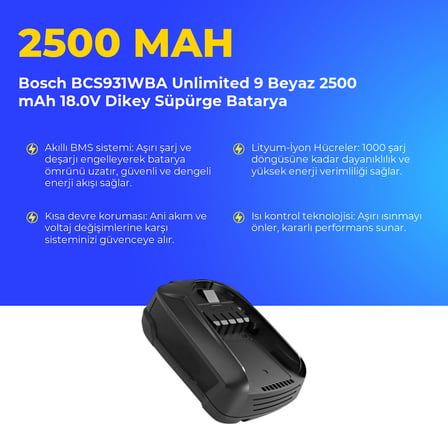 Bosch BCS931WBA Unlimited 9 Beyaz 2500 mAh 18.0V Dikey Süpürge Batarya