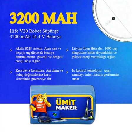 Ilife V20 Robot Süpürge 3200 mAh 14.4V Batarya