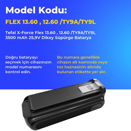 Tefal X-Force Flex 13.60 , 12.60 /TY9A/TY9L 3500 mAh 25,9V Dikey Süpürge Batarya