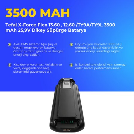 Tefal X-Force Flex 13.60 , 12.60 /TY9A/TY9L 3500 mAh 25,9V Dikey Süpürge Batarya