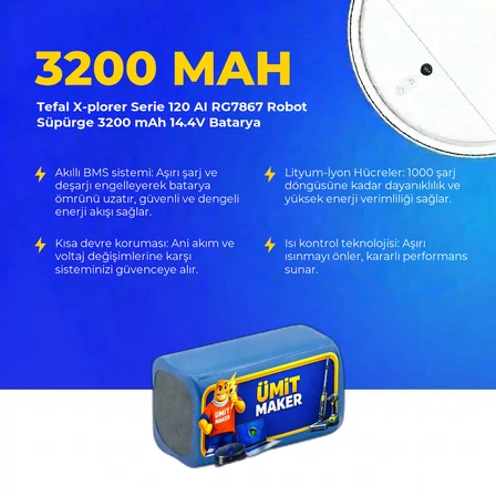 Tefal X-plorer Serie 120 AI RG7867 Robot Süpürge 3200 mAh 14.4V Batarya