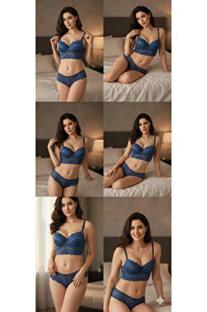 Dolgulu Destekli B Cup Ayarlanabilir Askılı Şık Gece Dantel Sütyen Külot İç Çamaşırı Takımı