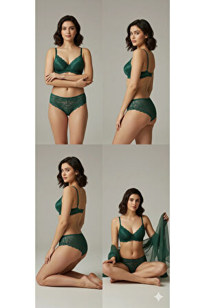 Dolgulu Destekli B Cup Ayarlanabilir Askılı Şık Gece Dantel Sütyen Külot İç Çamaşırı Takımı