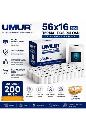 56X16 Yazarkasa Termal Pos Rulosu | Net Baskı | Yüksek Kalite | Pos Cihazlarına Uyumlu ( 20 Paket 200 Adet )