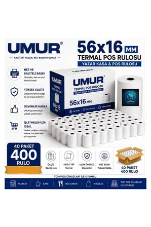 56X16 Yazarkasa Termal Pos Rulosu | Net Baskı | Yüksek Kalite | Pos Cihazlarına Uyumlu ( 40 Paket 400 Adet )