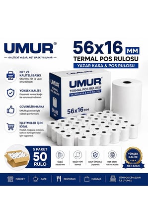 56X16 Yazarkasa Termal Pos Rulosu | Net Baskı | Yüksek Kalite | Pos Cihazlarına Uyumlu ( 5 Paket 50 Adet )