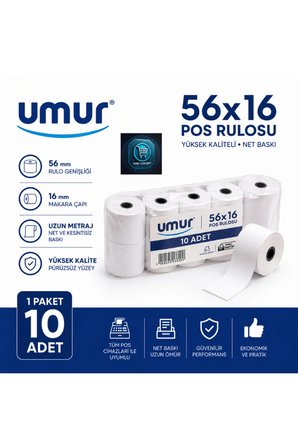56x16 POS Rulosu | Net Baskı | Yüksek Kalite | POS Cihazlarına Uyumlu (1 Paket 10 Adet)