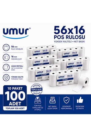 56x16 POS Rulosu | Net Baskı | Yüksek Kalite | POS Cihazlarına Uyumlu ( 10 Paket 100 Adet )
