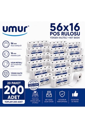 56x16 POS Rulosu | Net Baskı | Yüksek Kalite | POS Cihazlarına Uyumlu ( 20 Paket 200 Adet )