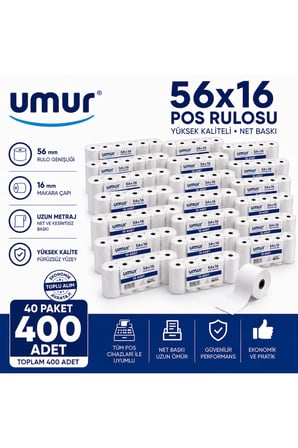 56x16 POS Rulosu | Net Baskı | Yüksek Kalite | POS Cihazlarına Uyumlu ( 40 Paket 400 Adet )