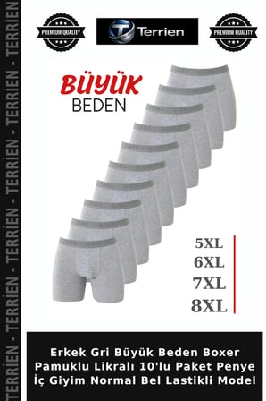 Erkek Gri Büyük Beden Boxer Pamuklu Likralı 10'lu Paket Penye İç Giyim Normal Bel Lastikli Model
