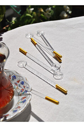 6'Lı Cam Çay Kaşığı Varaklı Gold Çay Kaşık Düz Simli