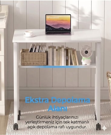 Sidney Kitaplık Raflı Katlanır Masa 70 cm Tekerli Bilgisayar Masası Laptop Masası