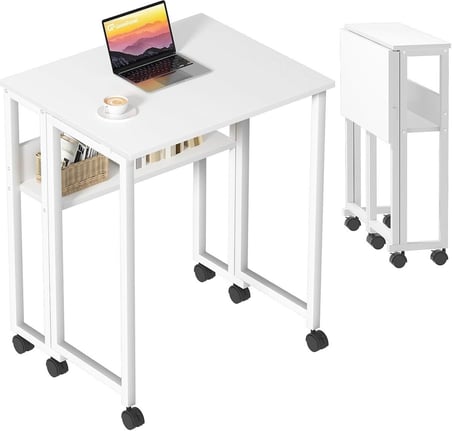 Sidney Kitaplık Raflı Katlanır Masa 70 cm Tekerli Bilgisayar Masası Laptop Masası