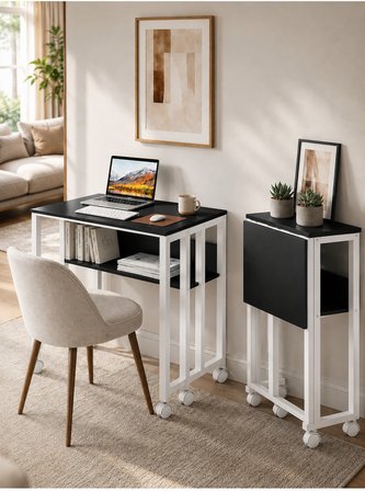 Sidney Kitaplık Raflı Katlanır Masa 70 cm Tekerli Bilgisayar Masası Laptop Masası