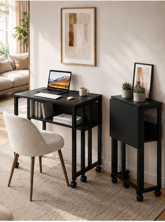 Sidney Kitaplık Raflı Katlanır Masa 70 cm Tekerli Bilgisayar Masası Laptop Masası