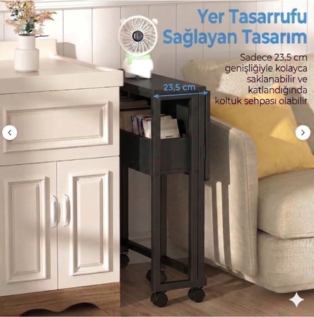 Sidney Kitaplık Raflı Katlanır Masa 70 cm Tekerli Bilgisayar Masası Laptop Masası