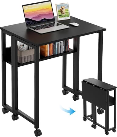 Sidney Kitaplık Raflı Katlanır Masa 70 cm Tekerli Bilgisayar Masası Laptop Masası