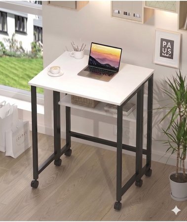 Sidney Kitaplık Raflı Katlanır Masa 70 cm Tekerli Bilgisayar Masası Laptop Masası