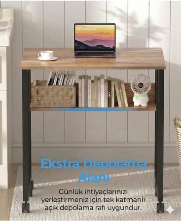 Sidney Kitaplık Raflı Katlanır Masa 70 cm Tekerli Bilgisayar Masası Laptop Masası