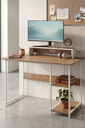 Vienna 2 Raflı Metal Ayak Çalışma Masası Laptop Masası Bilgisayar Masası 60x120cm