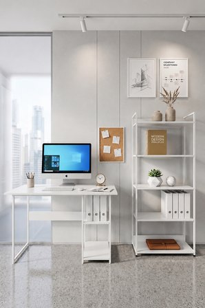 Vien 2 Set Kitaplıklı Masa Raflı Çalışma Masası 5 Raflı Kitaplık Monitör Yükseltici