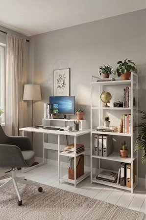 Vien 2 Set Kitaplıklı Masa Raflı Çalışma Masası 5 Raflı Kitaplık Monitör Yükseltici