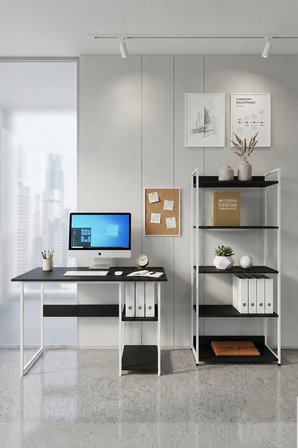 Vien 2 Set Kitaplıklı Masa Raflı Çalışma Masası 5 Raflı Kitaplık Monitör Yükseltici