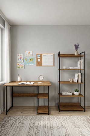 Vien 2 Set Kitaplıklı Masa Raflı Çalışma Masası 5 Raflı Kitaplık Monitör Yükseltici