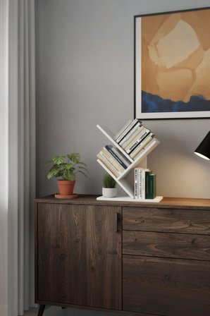 Ağaç Kitaplık Eğimli Raflı Sağlam Malzeme Modern Masaüstü Kitaplık Ev Ofisi Çalışma Odası