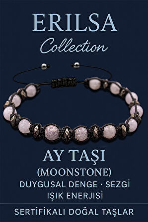 Sertifikalı 6 mm Makrome Terahertz & Ay Taşı Bileklik – Duygusal Huzur, Sezgi ve Koruma