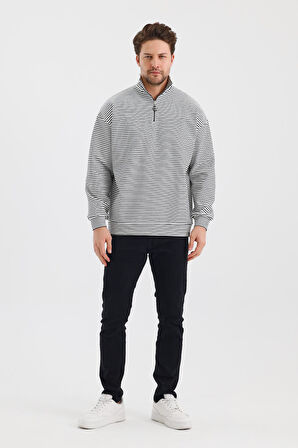 ALEXANDERGARDI ÇİZGİLİ DİK YAKA FERMUARLI COMFORT KALIP SWEATSHIRT (UNI-00247)