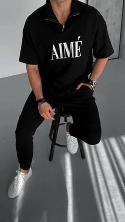 Unisex Yarım Fermuarlı Baskılı T-Shirt - Siyah