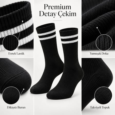 Unisex Siyah Çorap Beyaz Çizgili 6`lı Set Uzun Soket Günlük Spor Kolej Stil Rahat Şık Tasarım Modeli