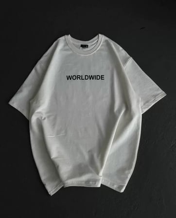 Unisex Bisiklet Yaka Baskılı Oversize T-Shirt - Beyaz